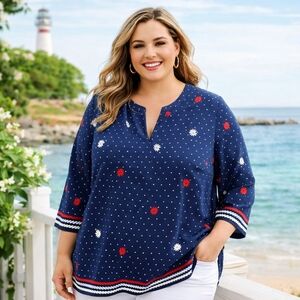 Talbots Navy Blue Nautical Polka Dot Blouse | 3/4 Sleeve Floral Dot Tunic Top